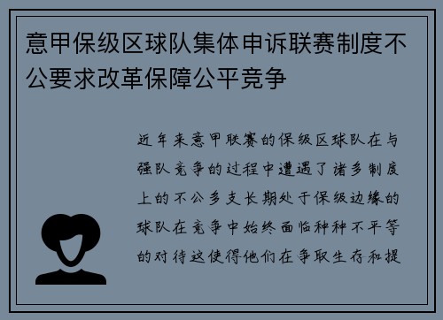 意甲保级区球队集体申诉联赛制度不公要求改革保障公平竞争