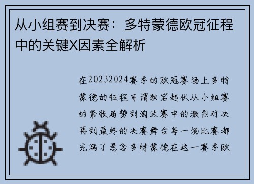 从小组赛到决赛：多特蒙德欧冠征程中的关键X因素全解析